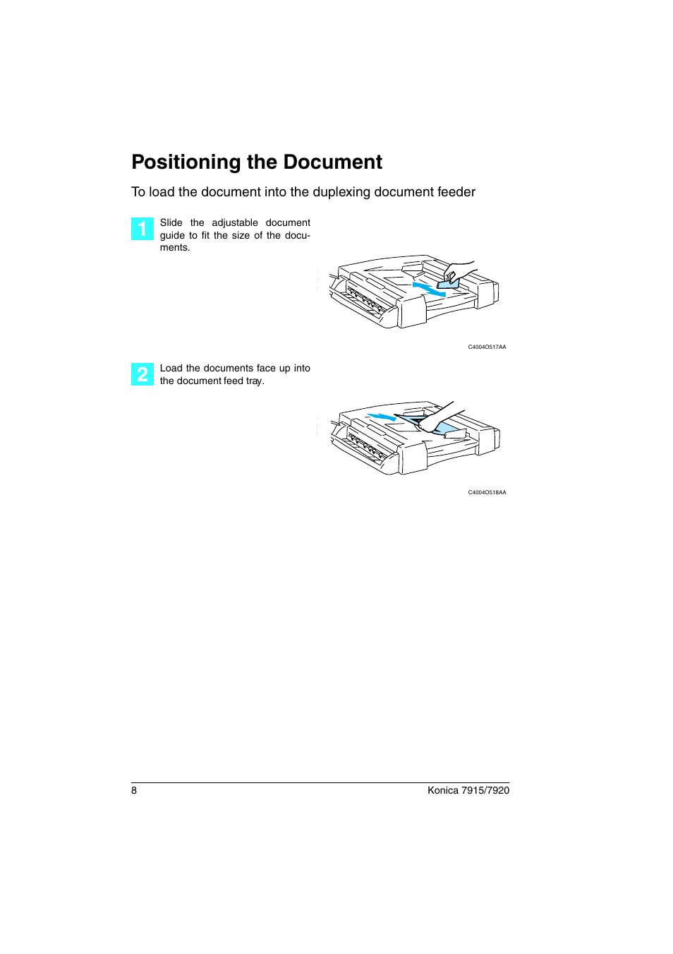 Positioning the document | Konica Minolta 7920 User Manual | Page 12 / 40