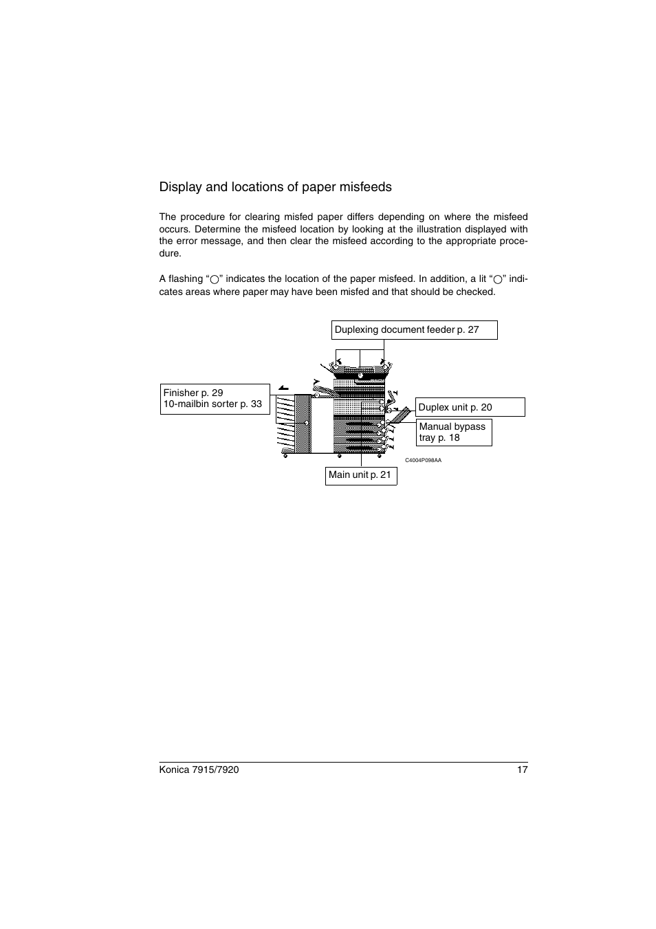 Display and locations of paper misfeeds | Konica Minolta 7920 User Manual | Page 21 / 40