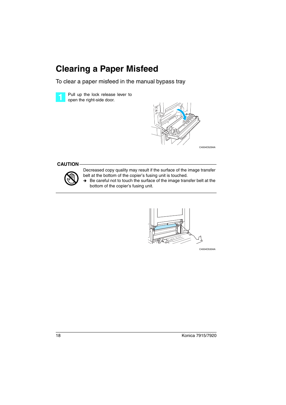 Clearing a paper misfeed | Konica Minolta 7920 User Manual | Page 22 / 40