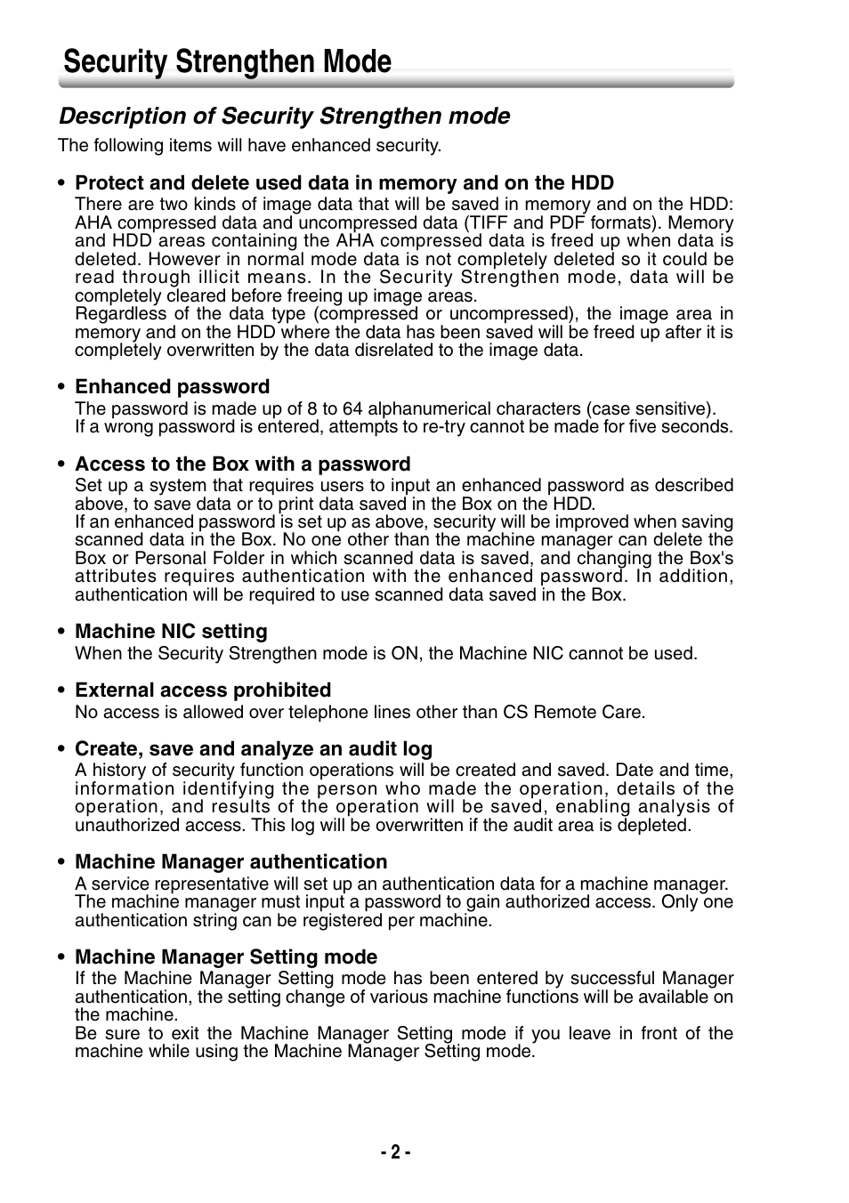 Security strengthen mode, Description of security strengthen mode | Konica Minolta BIZHUB PRO 1050 User Manual | Page 10 / 64
