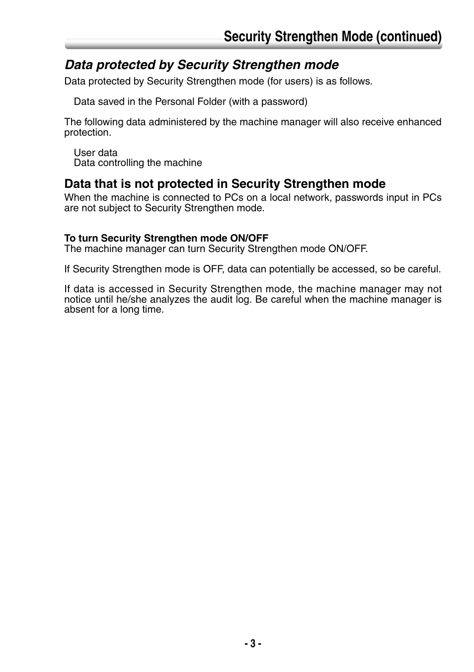 Data protected by security strengthen mode, Security strengthen mode (continued) | Konica Minolta BIZHUB PRO 1050 User Manual | Page 11 / 64