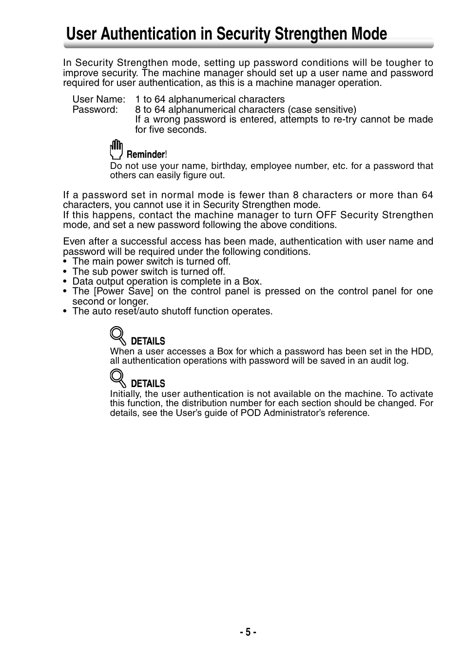 User authentication in security strengthen mode | Konica Minolta BIZHUB PRO 1050 User Manual | Page 13 / 64