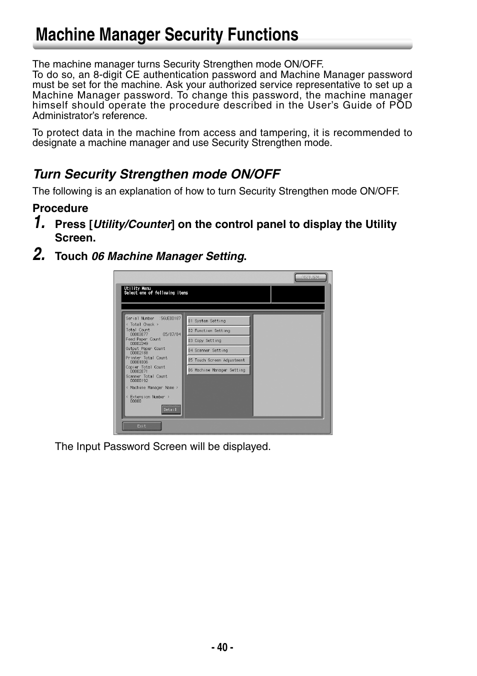 Machine manager security functions, Turn security strengthen mode on/off | Konica Minolta BIZHUB PRO 1050 User Manual | Page 48 / 64