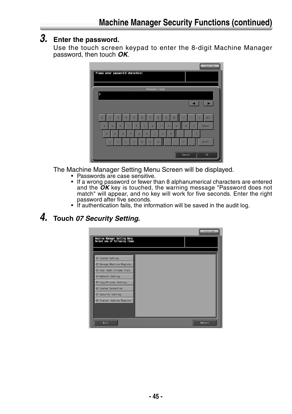 Machine manager security functions (continued) | Konica Minolta BIZHUB PRO 1050 User Manual | Page 53 / 64