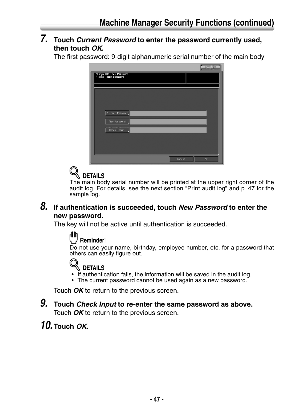 Machine manager security functions (continued) | Konica Minolta BIZHUB PRO 1050 User Manual | Page 55 / 64