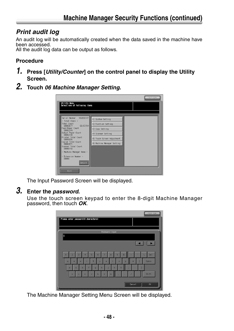 Print audit log, Machine manager security functions (continued) | Konica Minolta BIZHUB PRO 1050 User Manual | Page 56 / 64