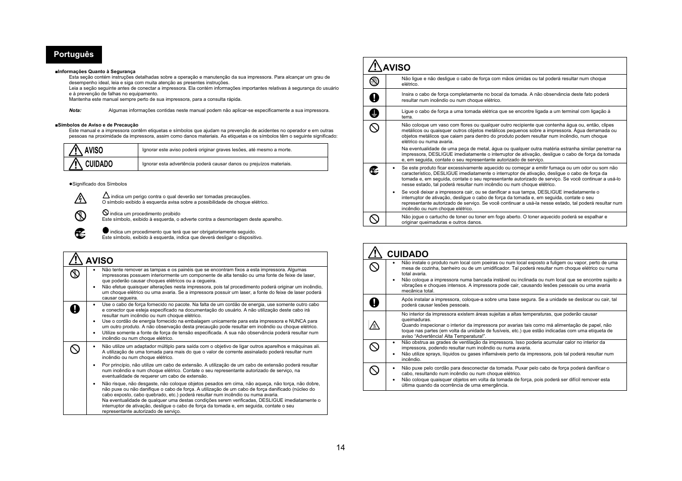 Aviso, Cuidado, 14 português | Konica Minolta bizhub C10X User Manual | Page 13 / 47