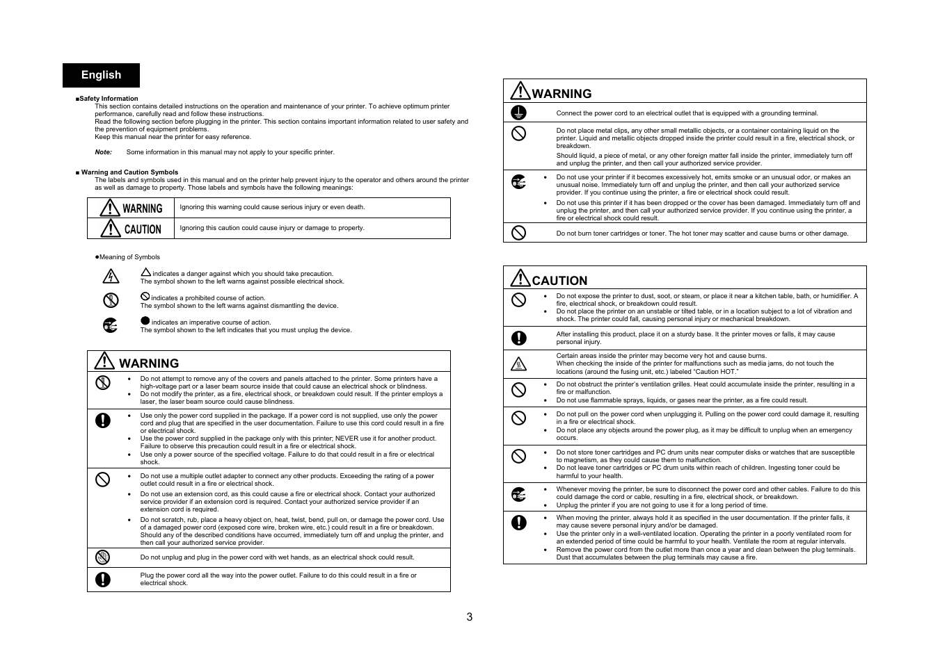 Warning, Caution, 3english | Konica Minolta bizhub C10X User Manual | Page 2 / 47