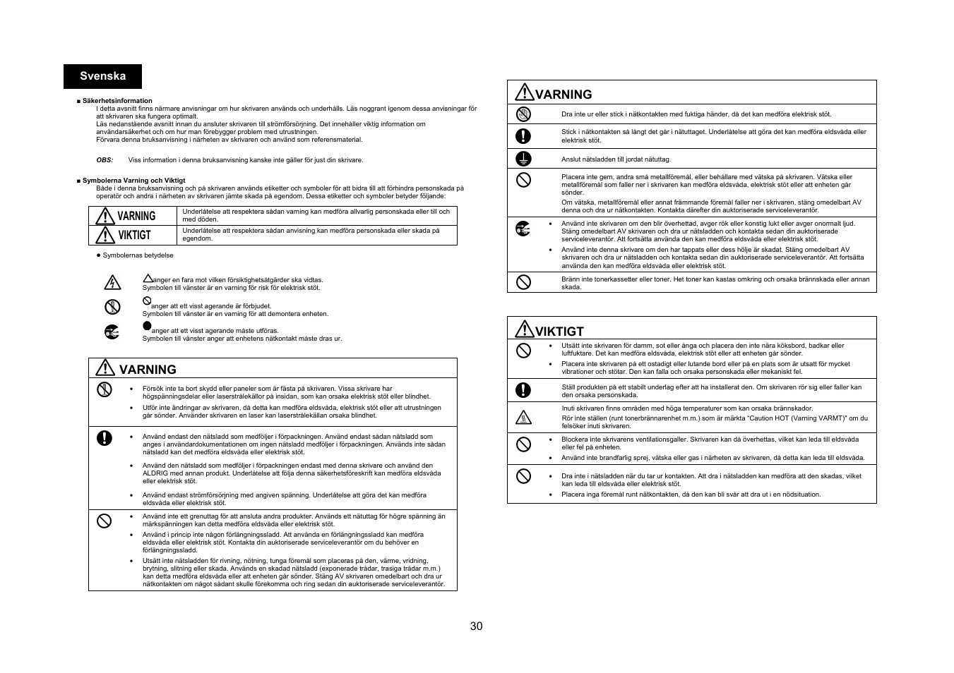 Varning, Viktigt | Konica Minolta bizhub C10X User Manual | Page 29 / 47