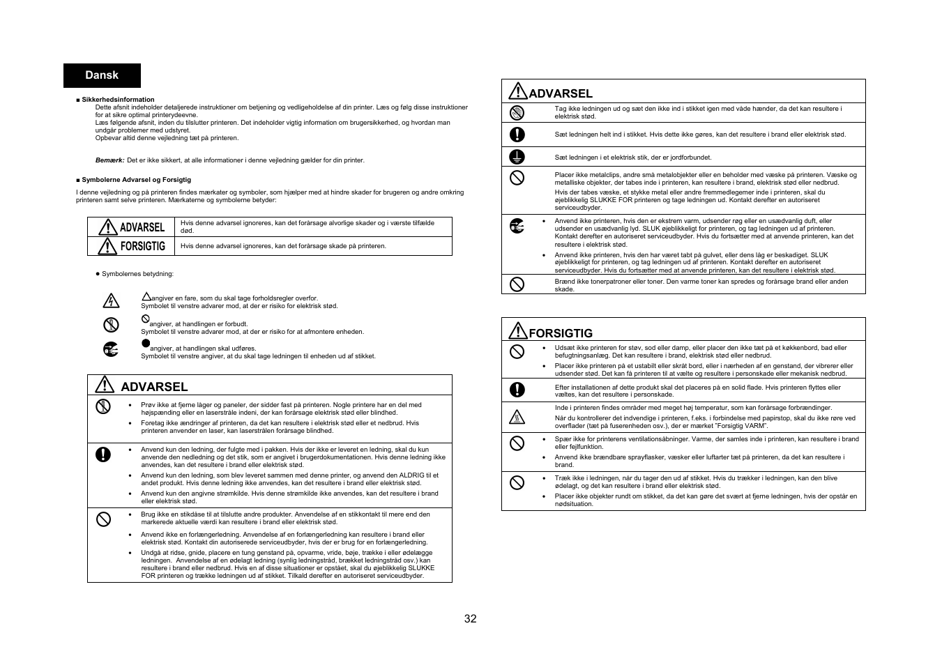 Advarsel, Forsigtig | Konica Minolta bizhub C10X User Manual | Page 31 / 47