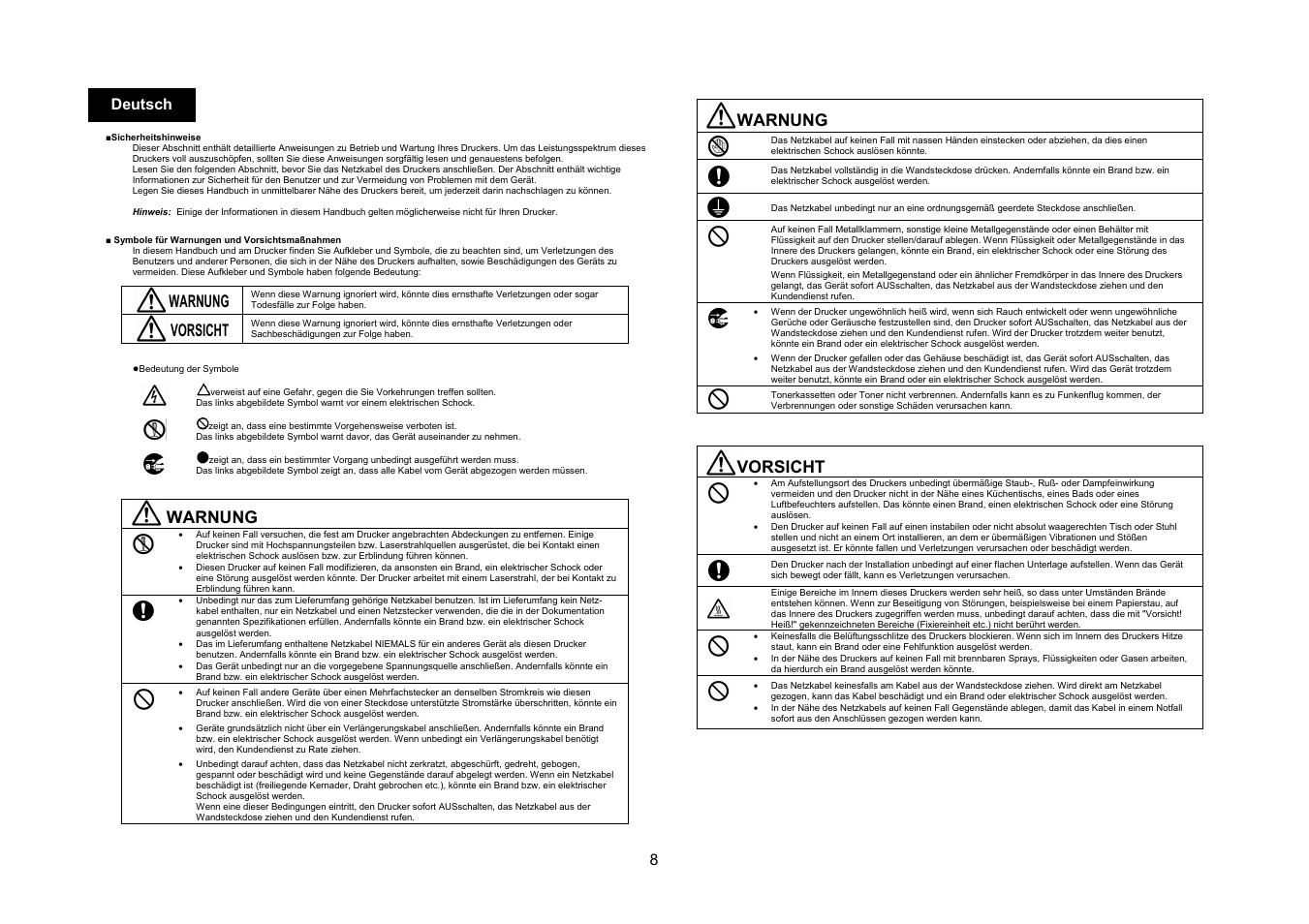 Warnung, Vorsicht, 8deutsch | Konica Minolta bizhub C10X User Manual | Page 7 / 47