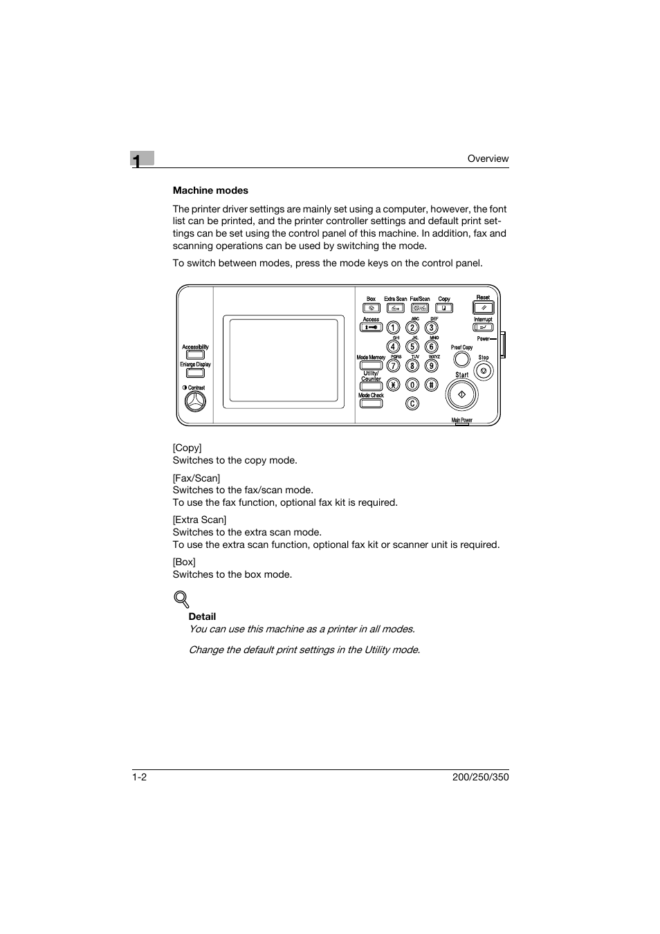 Machine modes, Machine modes -2, Detail | Konica Minolta bizhub 200 User Manual | Page 15 / 94