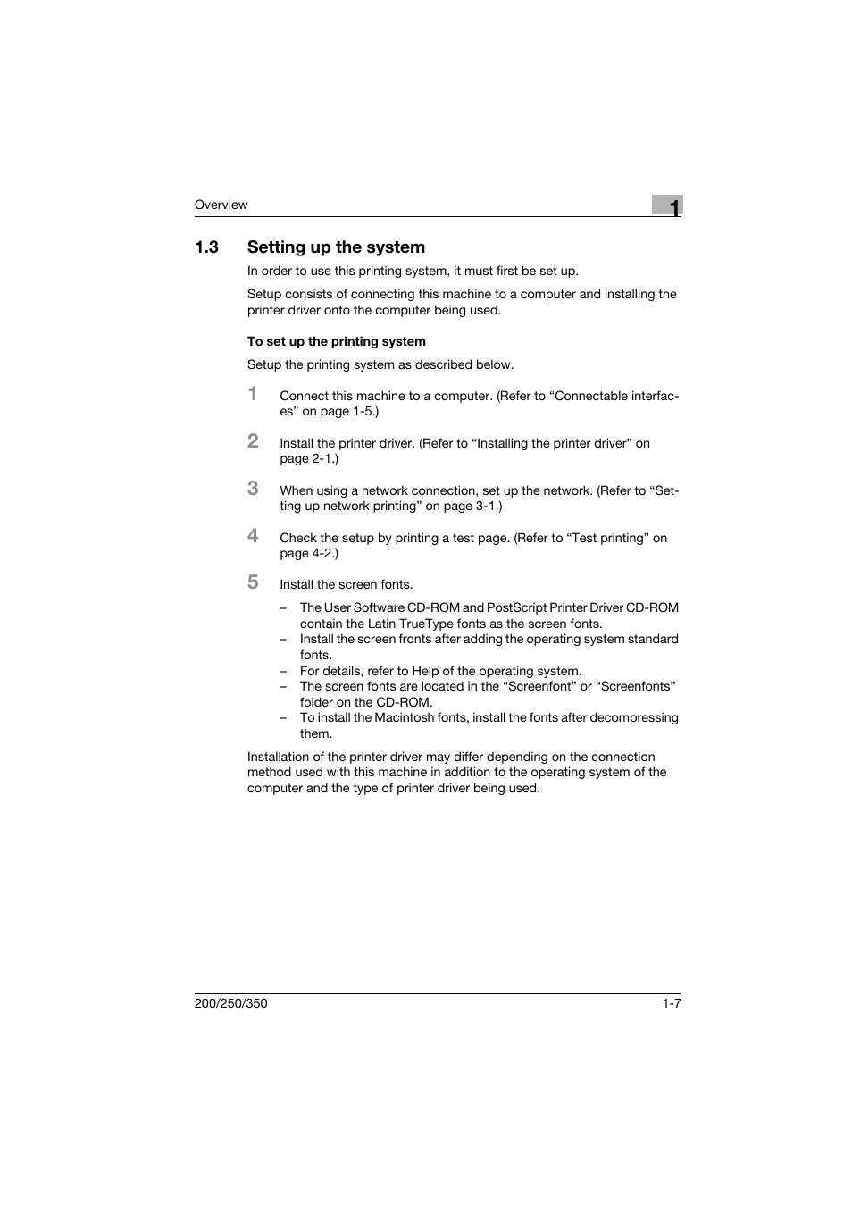 3 setting up the system, To set up the printing system, Setting up the system -7 | To set up the printing system -7 | Konica Minolta bizhub 200 User Manual | Page 20 / 94