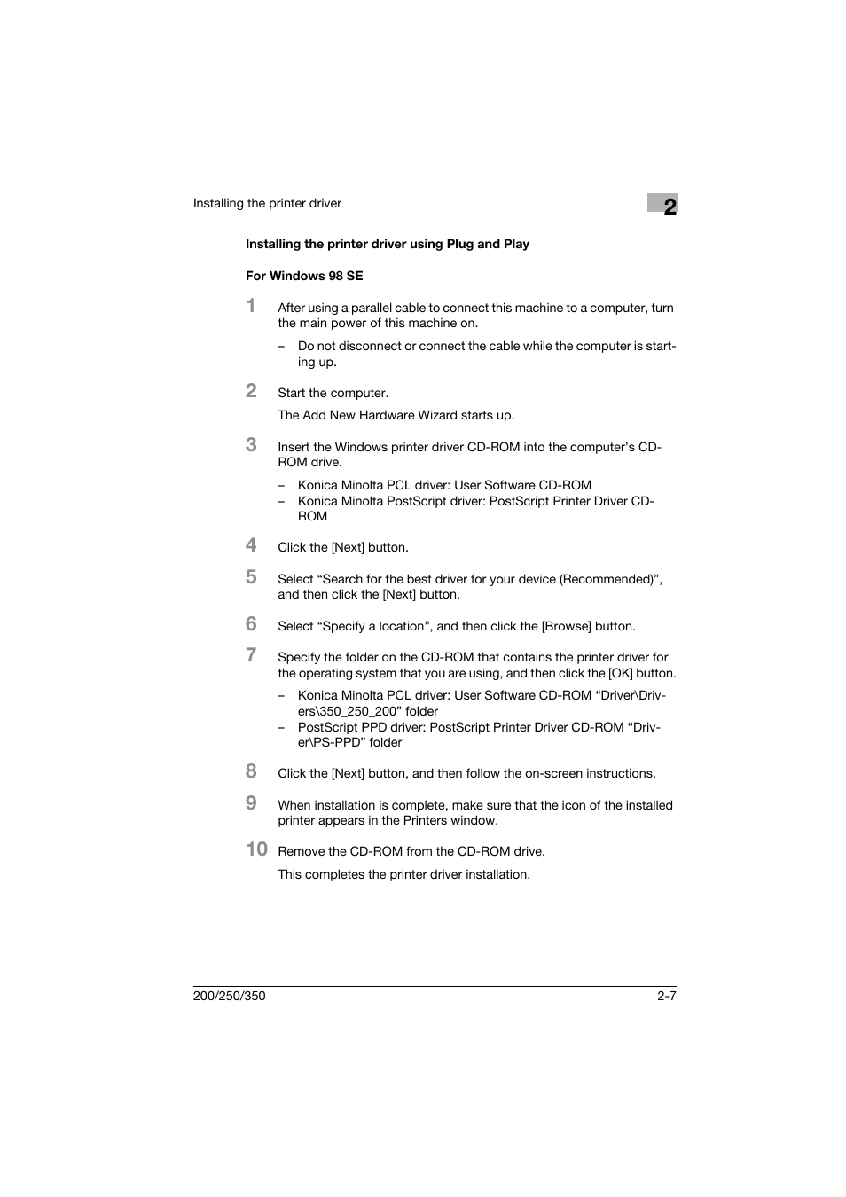 Installing the printer driver using plug and play, For windows 98 se | Konica Minolta bizhub 200 User Manual | Page 28 / 94