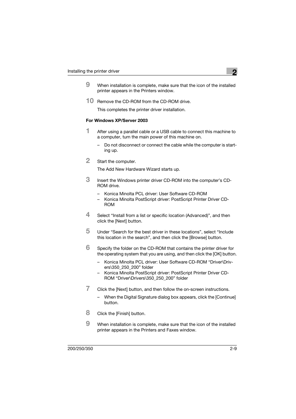For windows xp/server 2003, For windows xp/server 2003 -9 | Konica Minolta bizhub 200 User Manual | Page 30 / 94