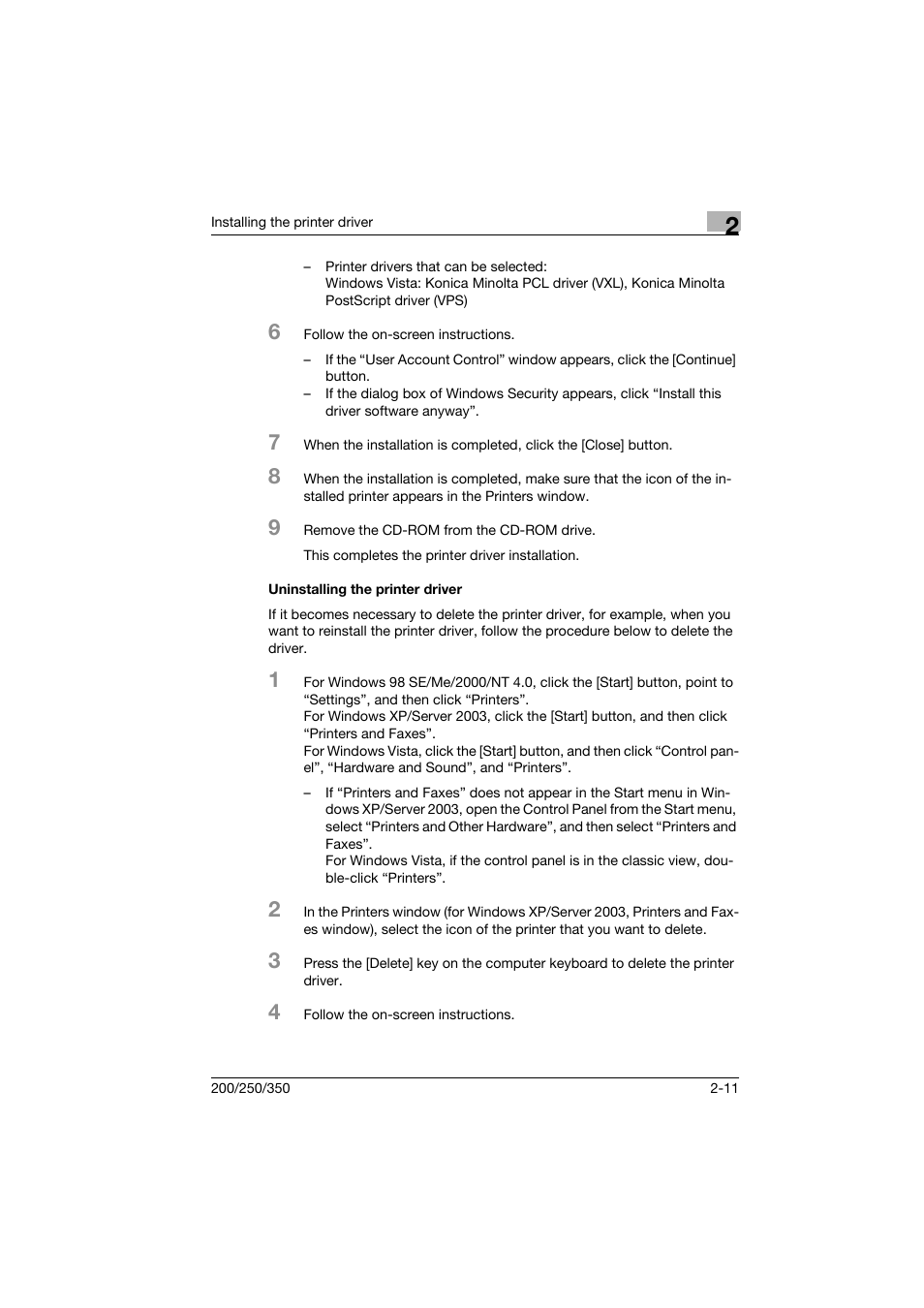 Uninstalling the printer driver, Uninstalling the printer driver -11 | Konica Minolta bizhub 200 User Manual | Page 32 / 94