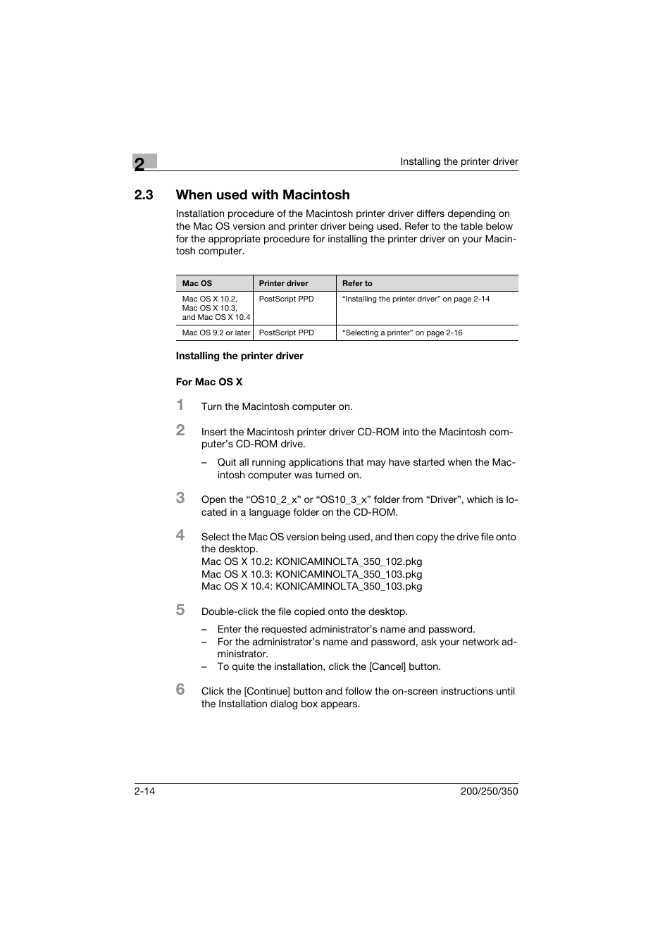 3 when used with macintosh, Installing the printer driver, For mac os x | When used with macintosh -14, Installing the printer driver -14 for mac os x -14 | Konica Minolta bizhub 200 User Manual | Page 35 / 94