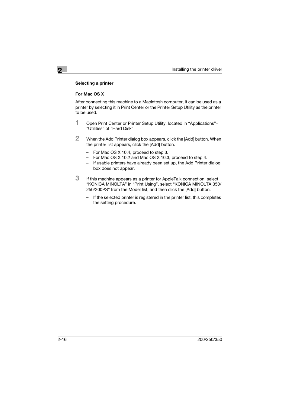 Selecting a printer, For mac os x, Selecting a printer -16 for mac os x -16 | Konica Minolta bizhub 200 User Manual | Page 37 / 94