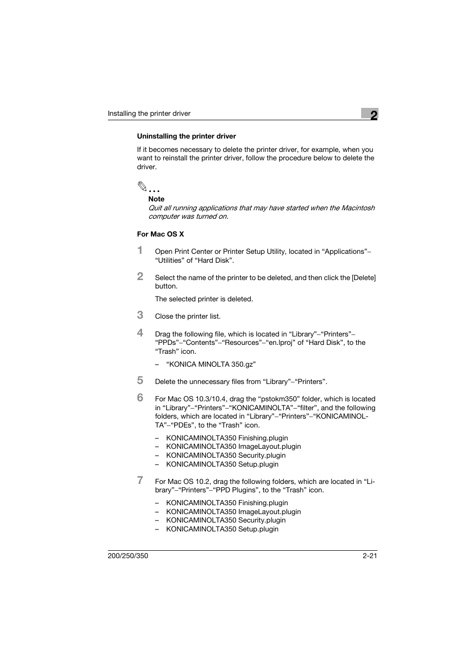 Uninstalling the printer driver, For mac os x | Konica Minolta bizhub 200 User Manual | Page 42 / 94