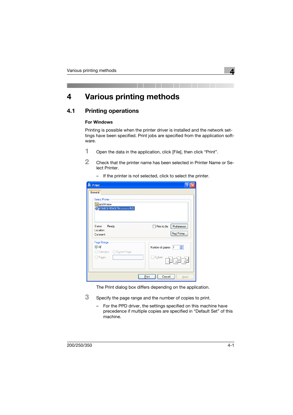 4 various printing methods, 1 printing operations, For windows | Various printing methods, Printing operations -1, For windows -1, 4various printing methods | Konica Minolta bizhub 200 User Manual | Page 50 / 94