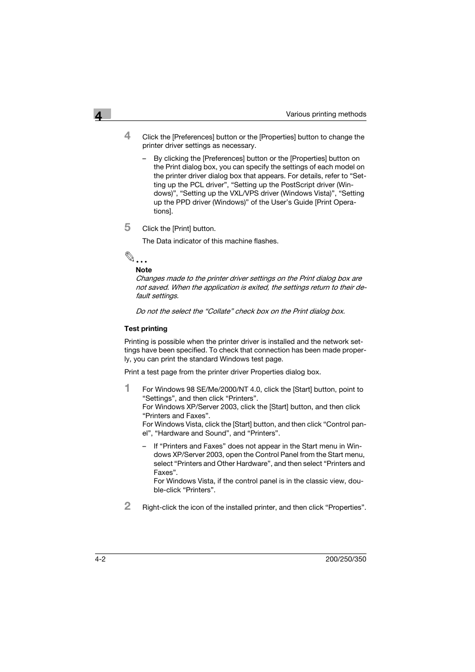 Test printing, Test printing -2 | Konica Minolta bizhub 200 User Manual | Page 51 / 94