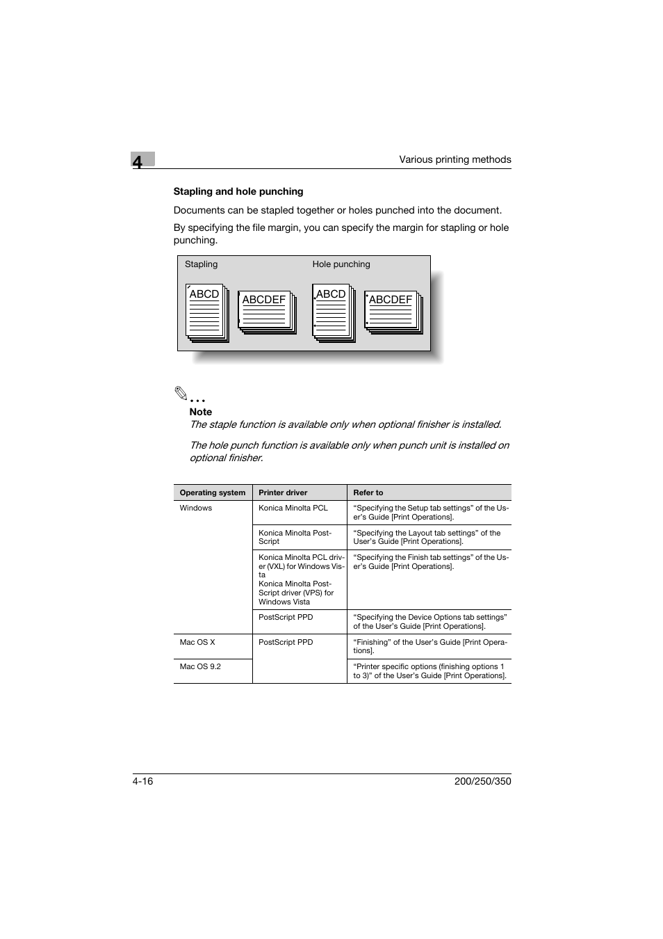 Stapling and hole punching, Stapling and hole punching -16 | Konica Minolta bizhub 200 User Manual | Page 65 / 94