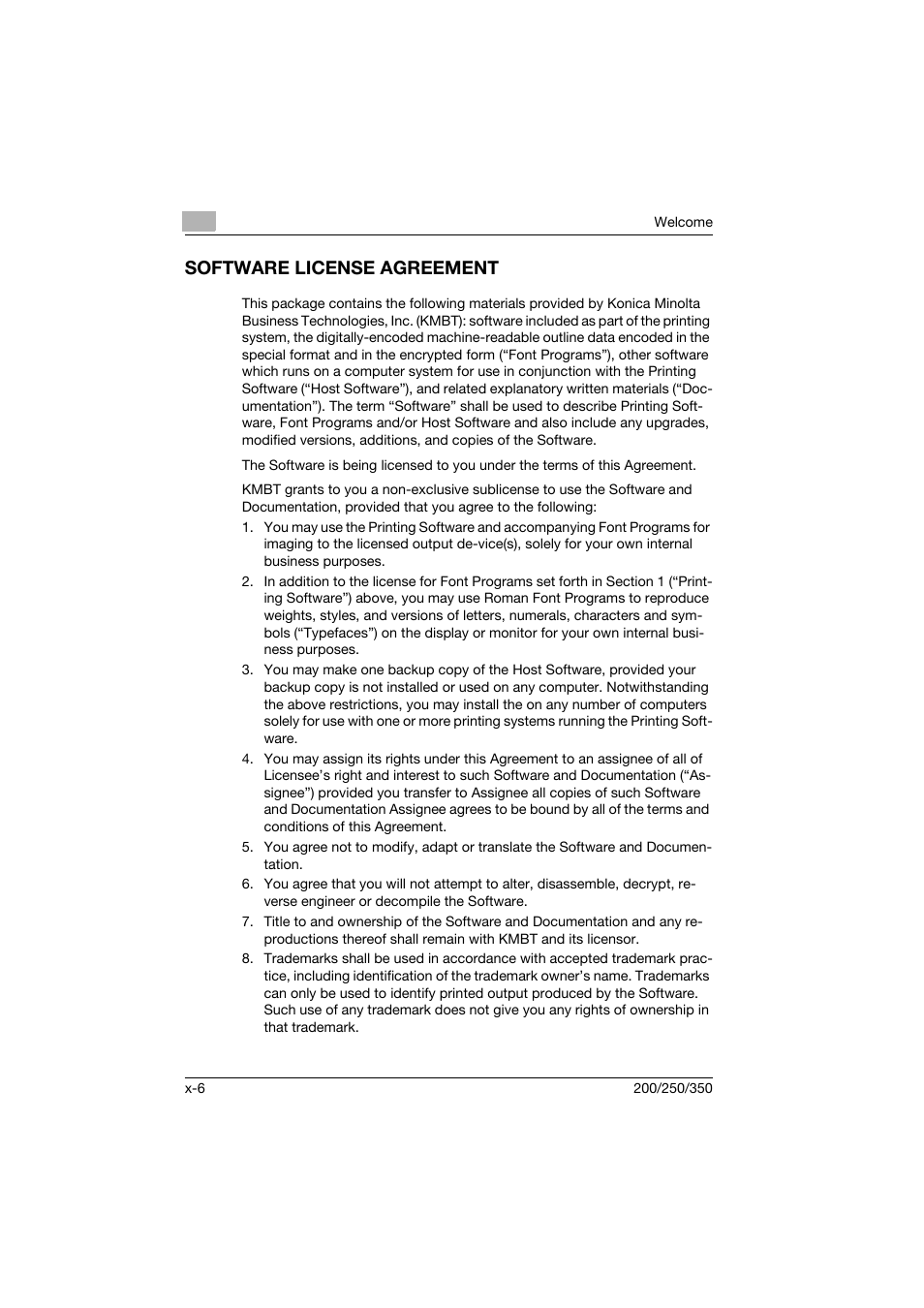 Software license agreement | Konica Minolta bizhub 200 User Manual | Page 7 / 94