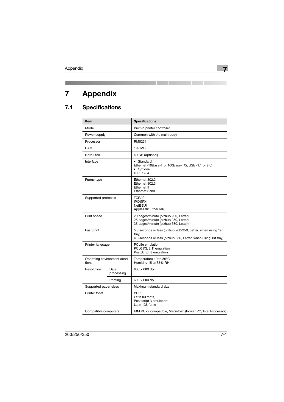 7 appendix, 1 specifications, Appendix | Specifications -1, 7appendix | Konica Minolta bizhub 200 User Manual | Page 88 / 94