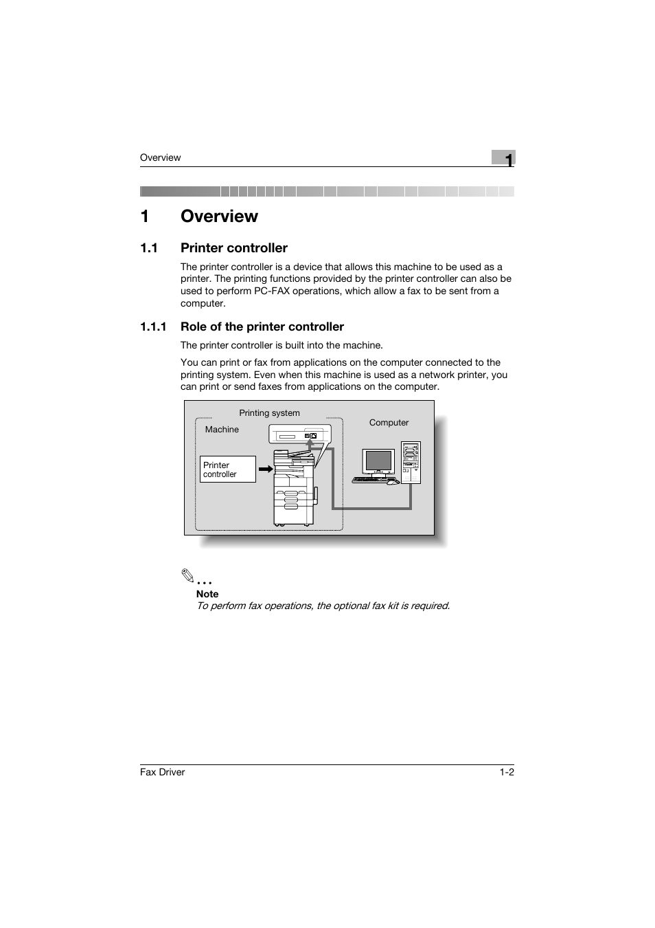 1 overview, 1 printer controller, 1 role of the printer controller | Overview, Printer controller -2, Role of the printer controller -2, 1overview | Konica Minolta bizhub 282 User Manual | Page 16 / 94