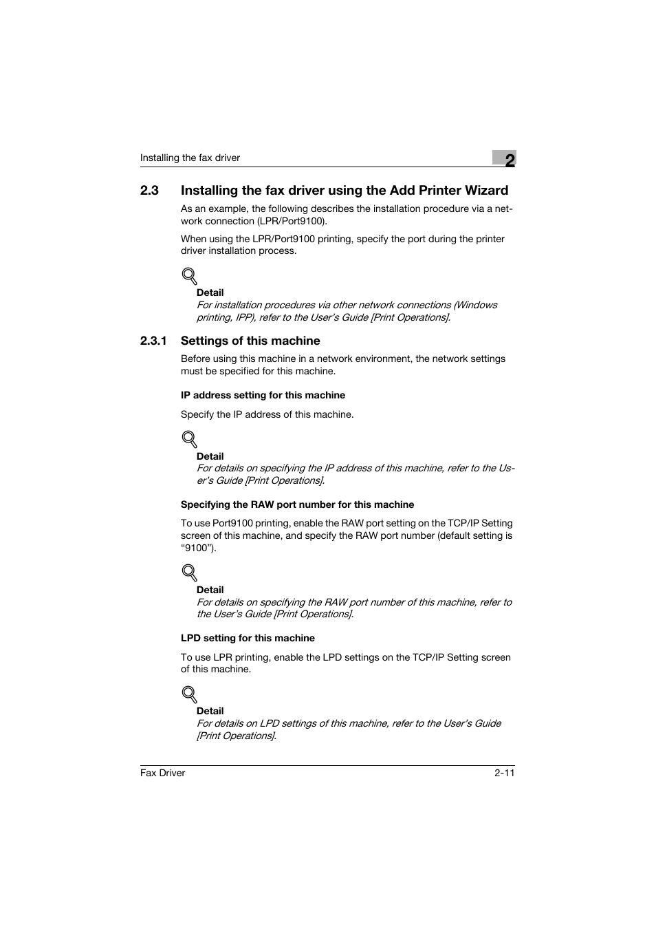 1 settings of this machine, Ip address setting for this machine, Specifying the raw port number for this machine | Lpd setting for this machine | Konica Minolta bizhub 282 User Manual | Page 31 / 94