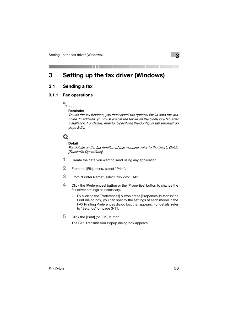 3 setting up the fax driver (windows), 1 sending a fax, 1 fax operations | Setting up the fax driver (windows), Sending a fax -2, Fax operations -2, 3setting up the fax driver (windows) | Konica Minolta bizhub 282 User Manual | Page 49 / 94