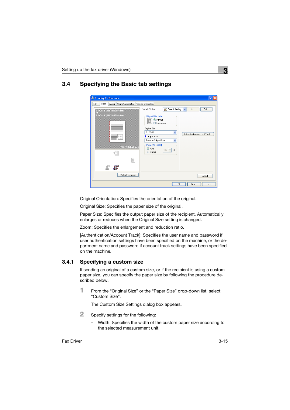 4 specifying the basic tab settings, 1 specifying a custom size, Specifying the basic tab settings -15 | Specifying a custom size -15 | Konica Minolta bizhub 282 User Manual | Page 62 / 94