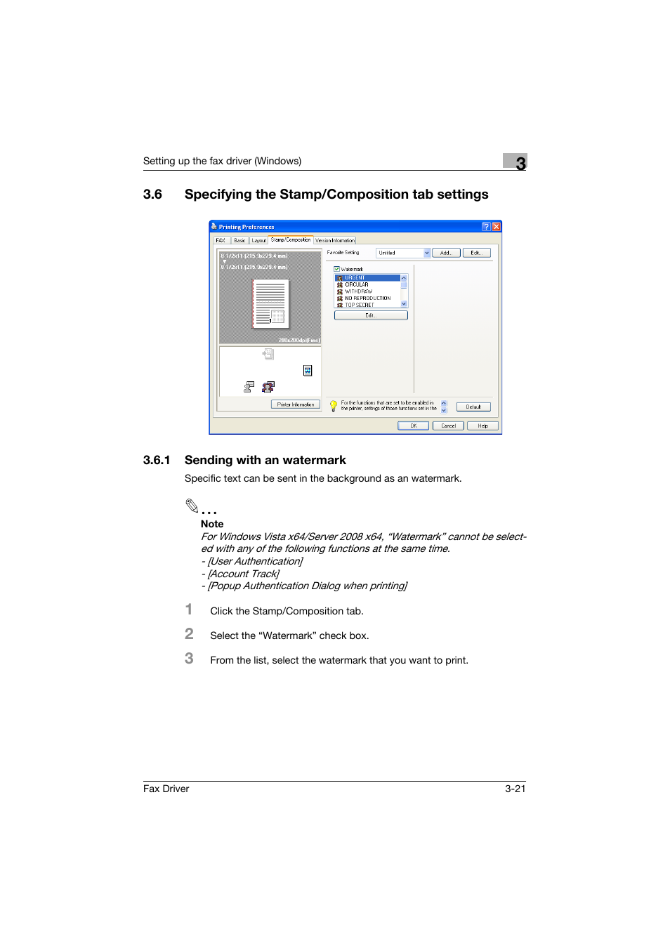 6 specifying the stamp/composition tab settings, 1 sending with an watermark, Specifying the stamp/composition tab settings -21 | Sending with an watermark -21 | Konica Minolta bizhub 282 User Manual | Page 68 / 94