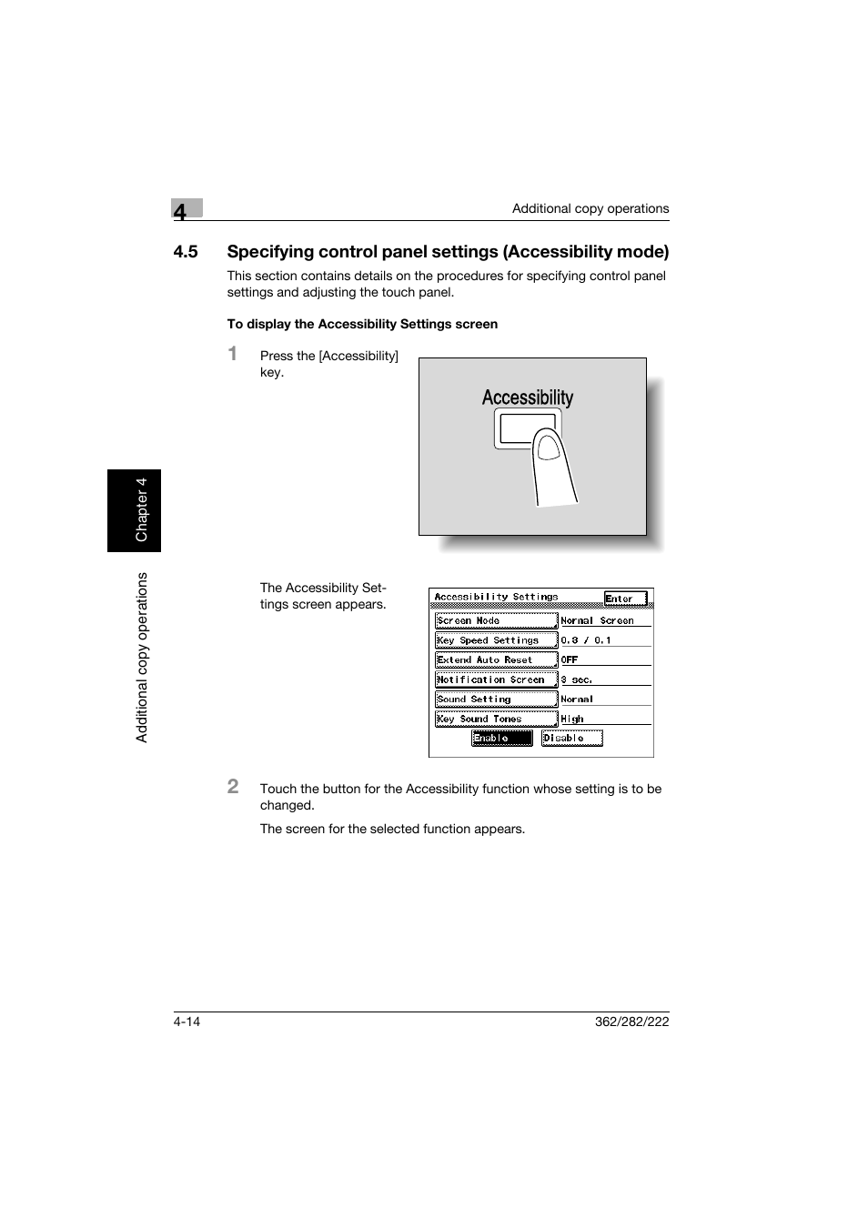 To display the accessibility settings screen, To display the accessibility settings screen -14, Accessibility | Konica Minolta bizhub 282 User Manual | Page 193 / 424