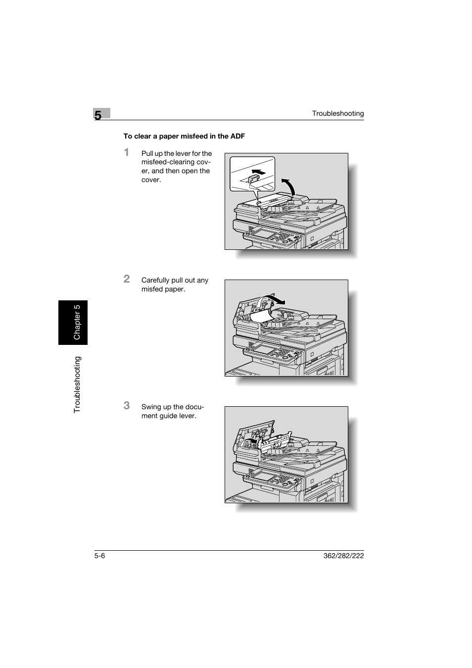 To clear a paper misfeed in the adf, To clear a paper misfeed in the adf -6 | Konica Minolta bizhub 282 User Manual | Page 211 / 424