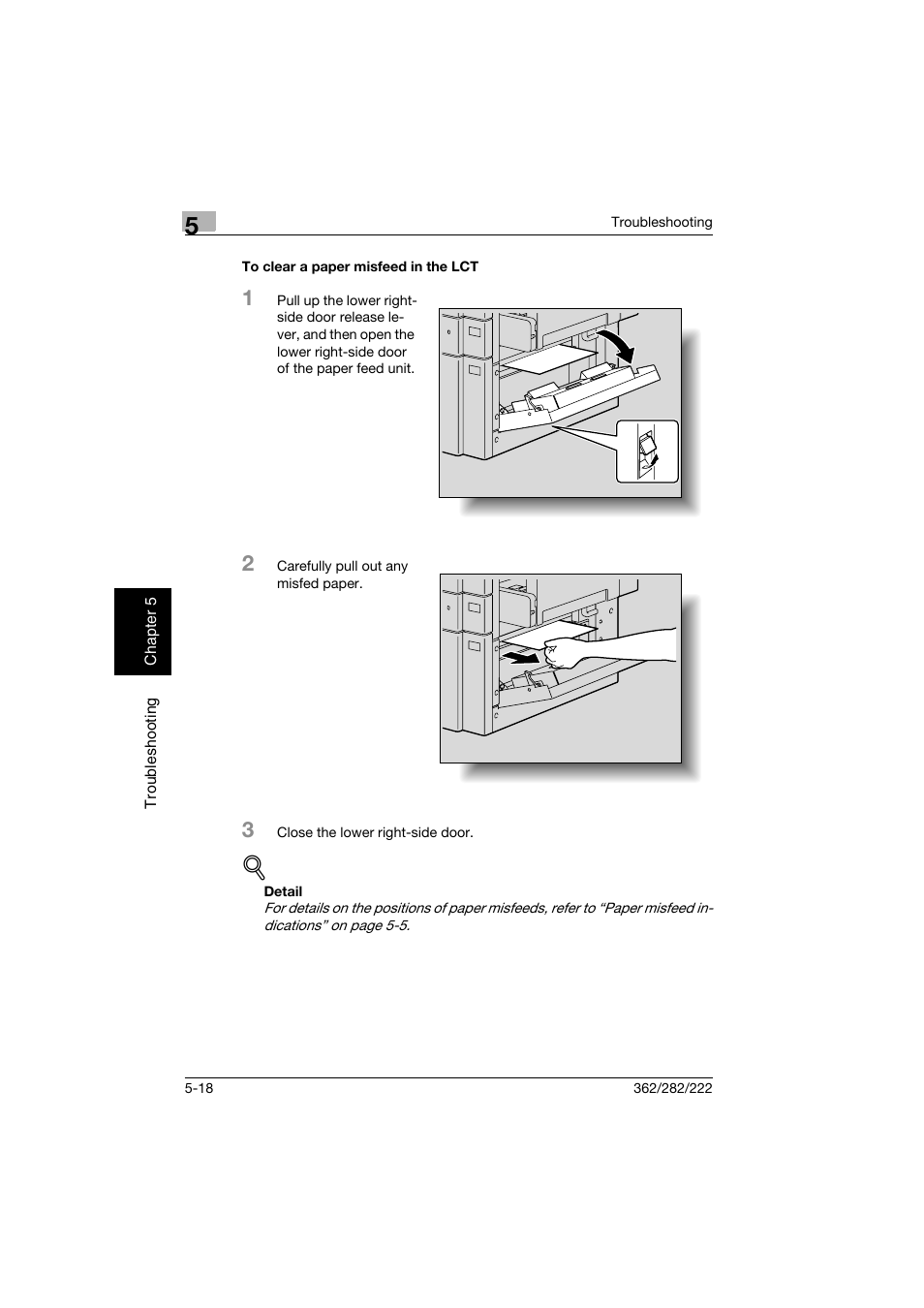 To clear a paper misfeed in the lct, To clear a paper misfeed in the lct -18 | Konica Minolta bizhub 282 User Manual | Page 223 / 424