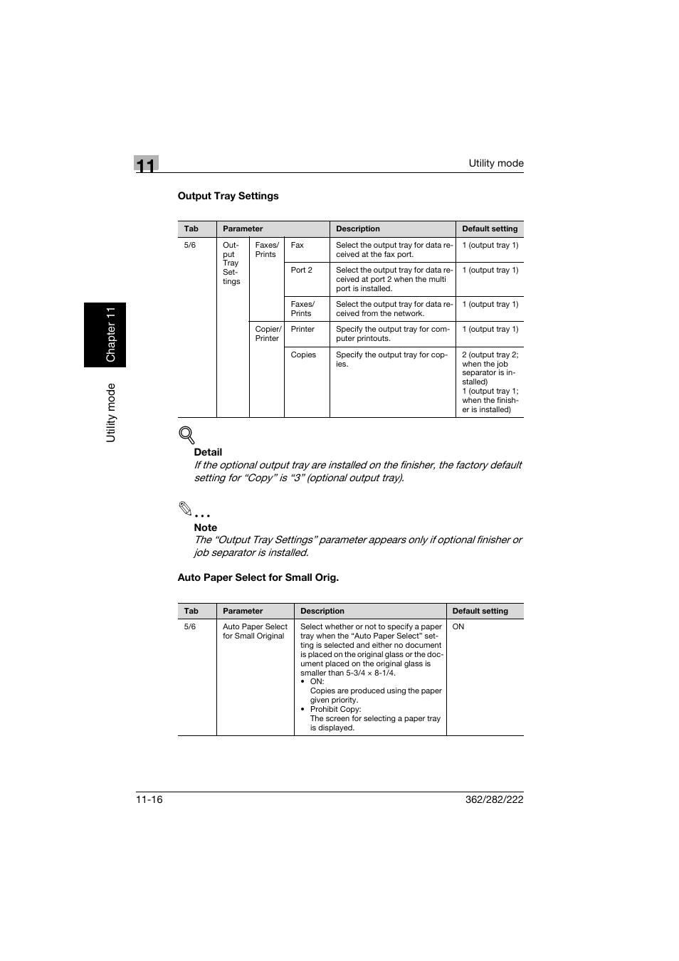 Output tray settings, Auto paper select for small orig | Konica Minolta bizhub 282 User Manual | Page 357 / 424