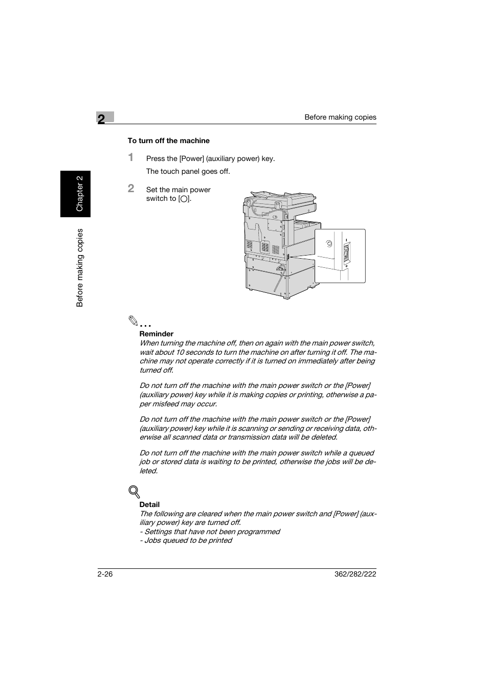 To turn off the machine, To turn off the machine -26 | Konica Minolta bizhub 282 User Manual | Page 75 / 424