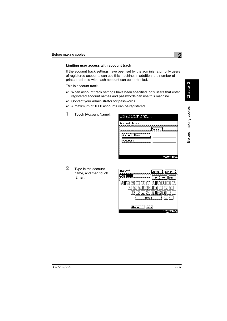 Limiting user access with account track, Limiting user access with account track -37 | Konica Minolta bizhub 282 User Manual | Page 86 / 424