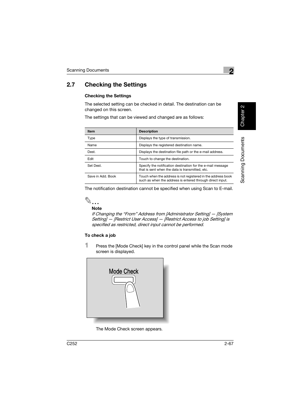 7 checking the settings, Checking the settings, To check a job | Checking the settings -67, Checking the settings -67 to check a job -67, Mode check | Konica Minolta BIZHUB C252 User Manual | Page 100 / 396