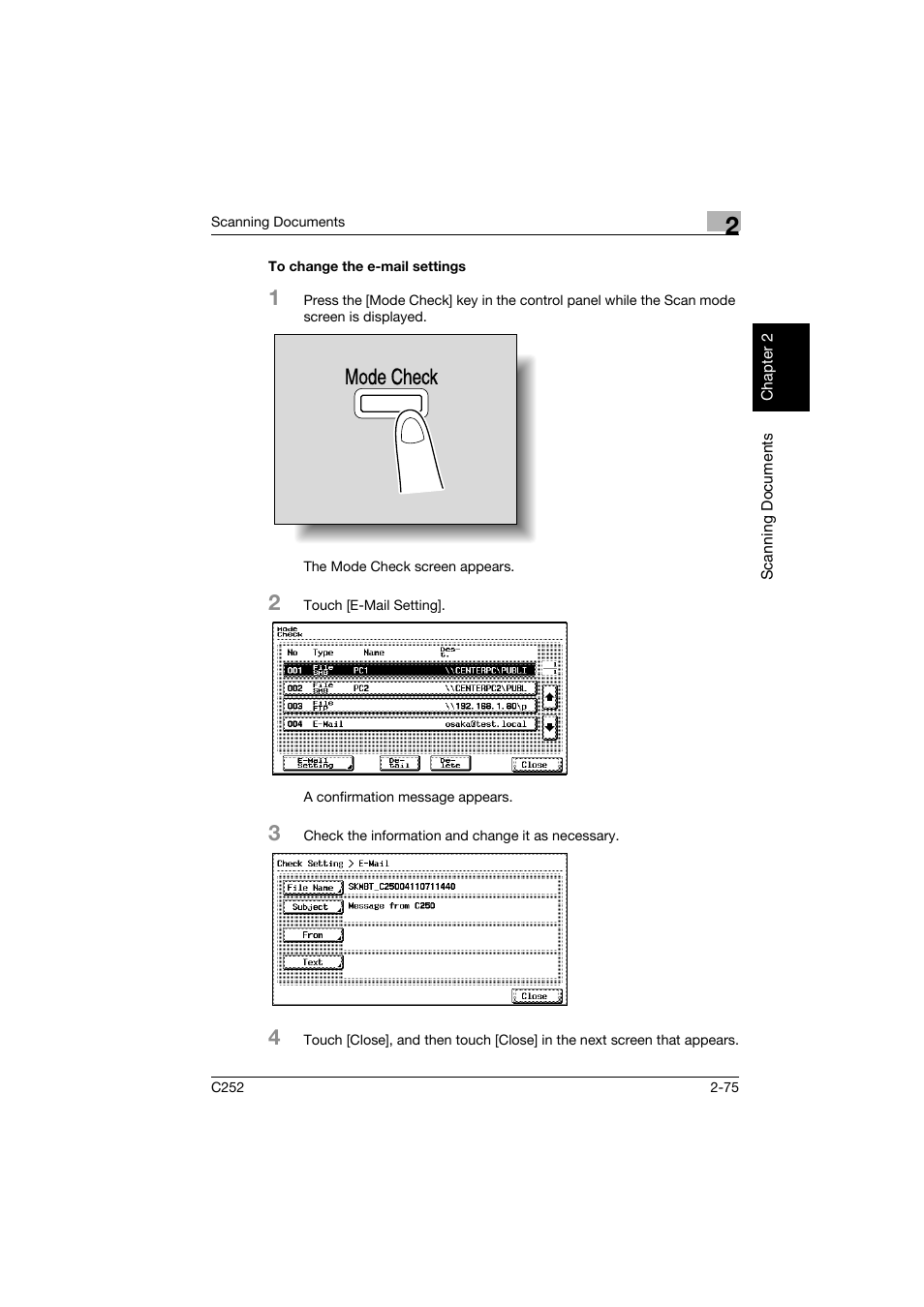 To change the e-mail settings, To change the e-mail settings -75, Mode check | Konica Minolta BIZHUB C252 User Manual | Page 108 / 396