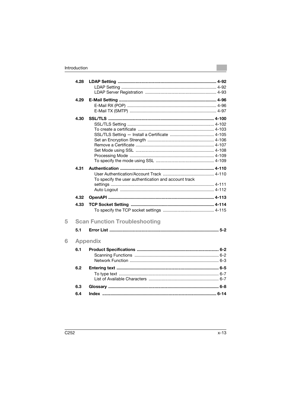 5scan function troubleshooting, 6appendix | Konica Minolta BIZHUB C252 User Manual | Page 14 / 396