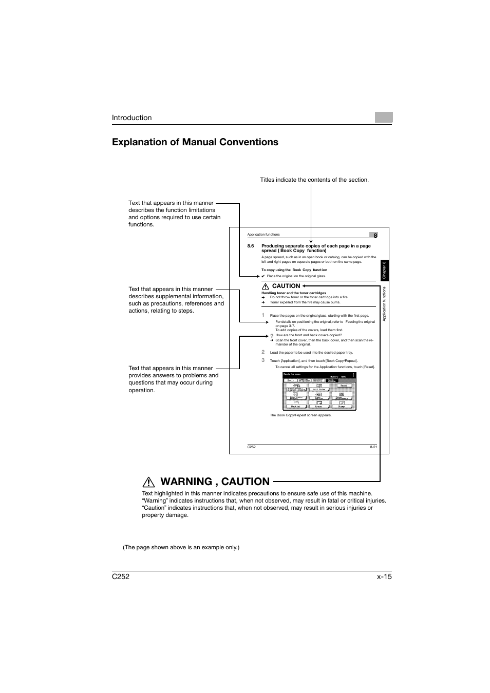 Explanation of manual conventions, Warning , caution | Konica Minolta BIZHUB C252 User Manual | Page 16 / 396