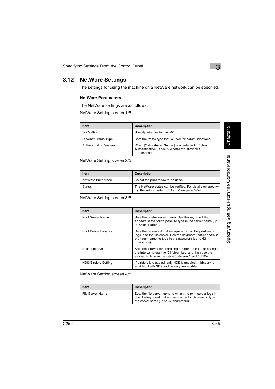 12 netware settings, Netware parameters, Netware settings -55 | Netware parameters -55 | Konica Minolta BIZHUB C252 User Manual | Page 166 / 396