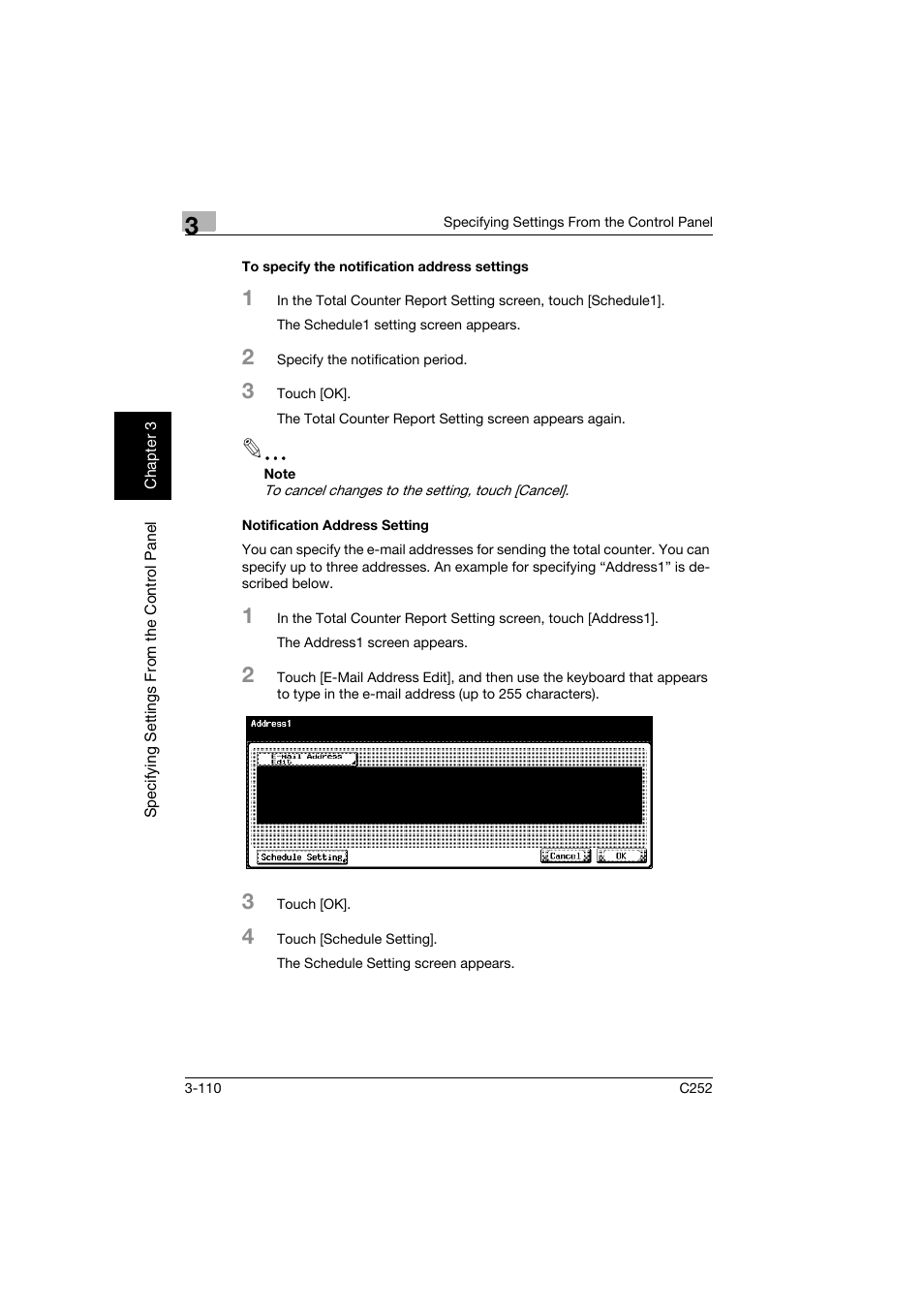 To specify the notification address settings, Notification address setting | Konica Minolta BIZHUB C252 User Manual | Page 221 / 396