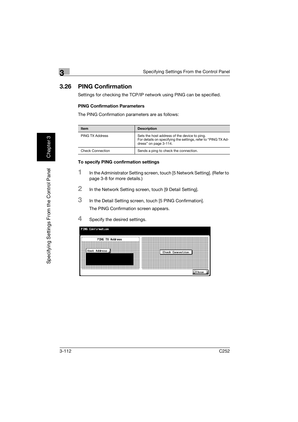 26 ping confirmation, Ping confirmation parameters, To specify ping confirmation settings | Ping confirmation -112 | Konica Minolta BIZHUB C252 User Manual | Page 223 / 396