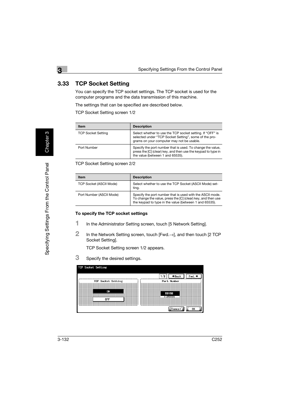 33 tcp socket setting, To specify the tcp socket settings, Tcp socket setting -132 | To specify the tcp socket settings -132 | Konica Minolta BIZHUB C252 User Manual | Page 243 / 396