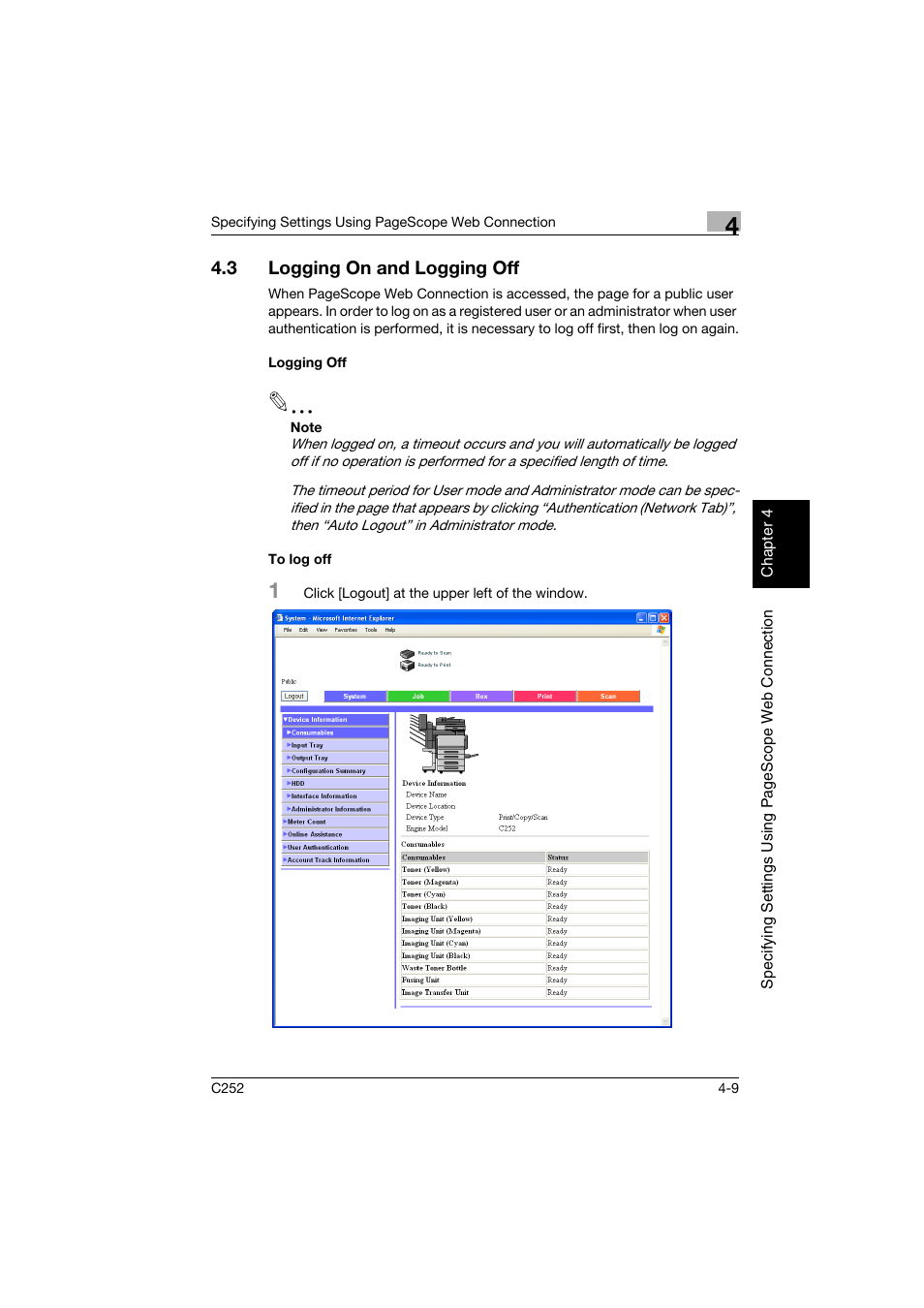 3 logging on and logging off, Logging off, To log off | Logging on and logging off -9, Logging off -9 to log off -9 | Konica Minolta BIZHUB C252 User Manual | Page 268 / 396