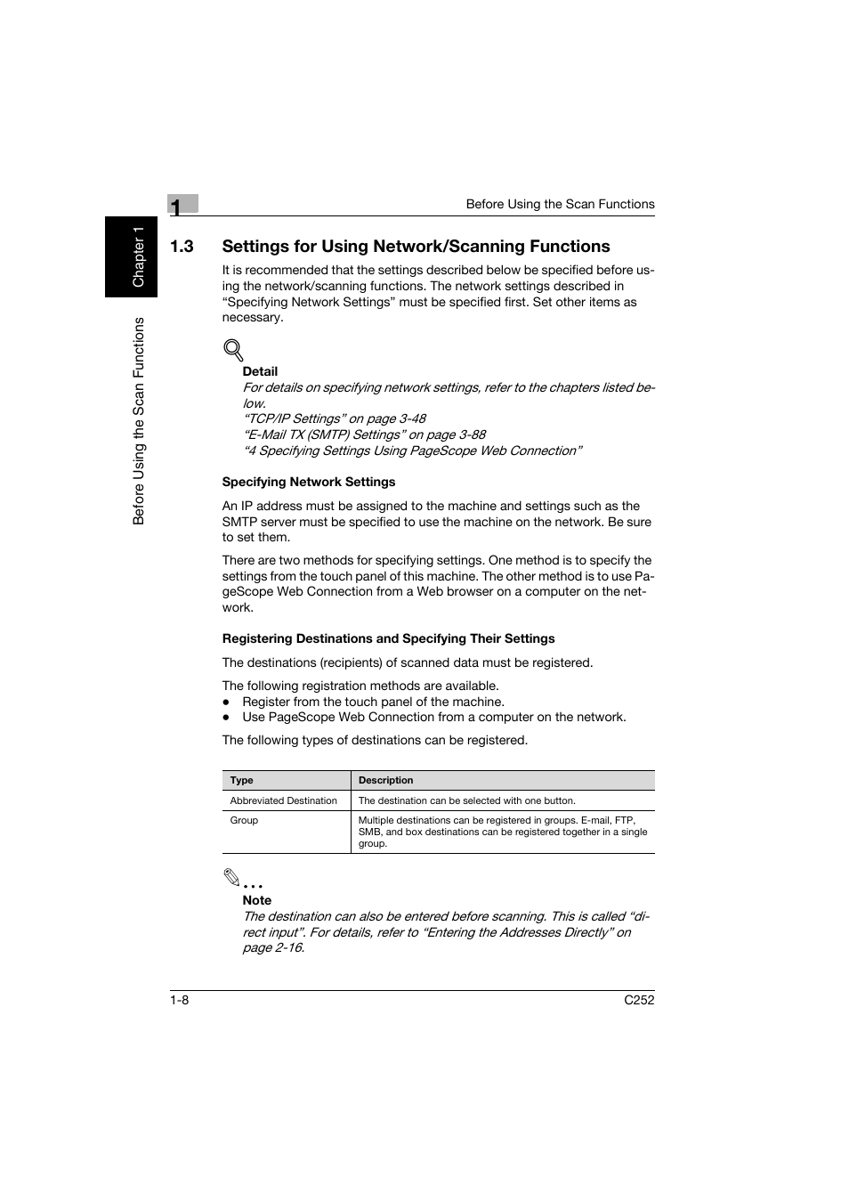 3 settings for using network/scanning functions, Specifying network settings, Settings for using network/scanning functions -8 | Konica Minolta BIZHUB C252 User Manual | Page 27 / 396