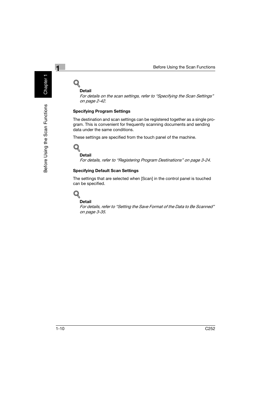 Specifying program settings, Specifying default scan settings | Konica Minolta BIZHUB C252 User Manual | Page 29 / 396